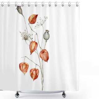 Personality  Watercolor Floral Set Of Dry Flowers. Hand Painted Linear Poppy, Anise And Physalis Isolated On White Background. Floral Illustration For Design, Print, Fabric Or Background. Shower Curtains