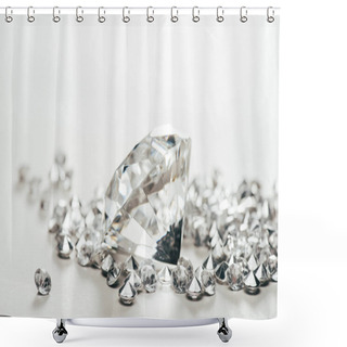 Personality  Selective Focus Of Sparkling Pure Big Diamond Among Small On White Background Shower Curtains
