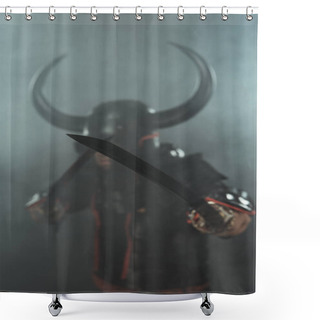 Personality  Close-up Shot Of Samurai In Traditional Armor With Dual Katana Swords On Dark Background With Smoke Shower Curtains