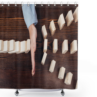Personality  Cropped View Of Woman Preventing Wooden Blocks From Falling At Desk Shower Curtains