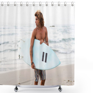 Personality  Young Caucasian Man Get Up Early To  Doing Surf At Sunrise Shower Curtains
