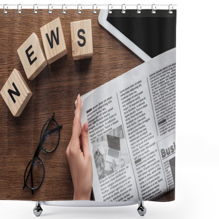 Personality  Cropped Image Of Journalist Holding Newspaper, Wooden Cubes With Word News At Wooden Table Shower Curtains