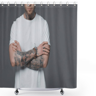 Personality  Cropped Shot Of Young Man With Tattoos Standing With Crossed Arms Isolated On Grey Shower Curtains