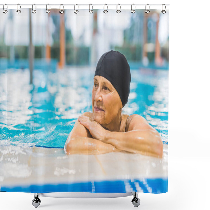 Personality  Pensive Senior Caucasian Grandmother In Black Hair Cap Relaxing At The Side Of Indoor Swimming Pool. Active Pensioners. High Quality Photo Shower Curtains