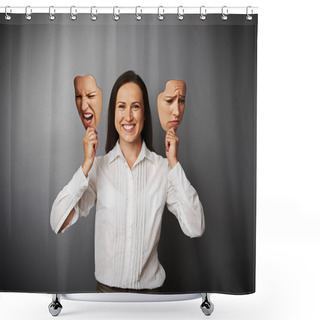 Personality  Young Beautiful Woman Hiding Her Good Mood Shower Curtains