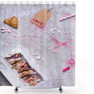 Personality  Top View Of Collection Of Sweet Heart Shaped Cookies With Love Tag On Grey Surface   Shower Curtains