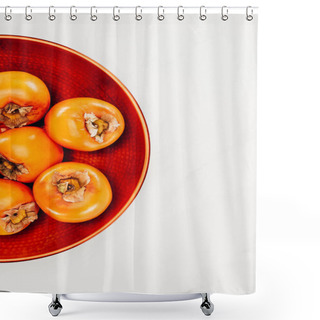 Personality  Top View Of Persimmons On Red Plate Isolated On White Shower Curtains