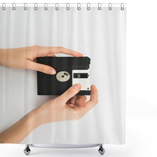 Personality  Partial View Of Man Holding Diskette On White Background Shower Curtains