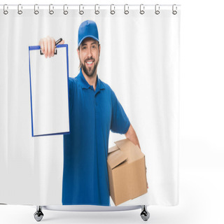 Personality  Handsome Happy Young Delivery Man Holding Cardboard Box And Blank Clipboard Isolated On White  Shower Curtains