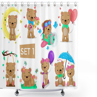Personality  Cute Bears. Teddy Bear Character Posing In Different Situations. Kids Bears Illustration For Card, Posters, Invitations, Presentations And Other. Vector Ilustration. Set 1 Shower Curtains