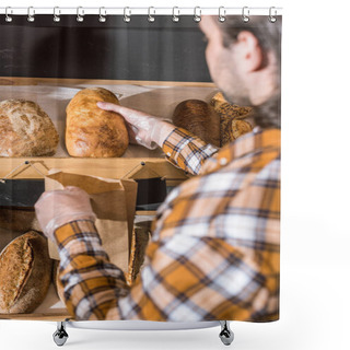 Personality  Male Seller Taking Freshly Baked Bread In Hand  Shower Curtains