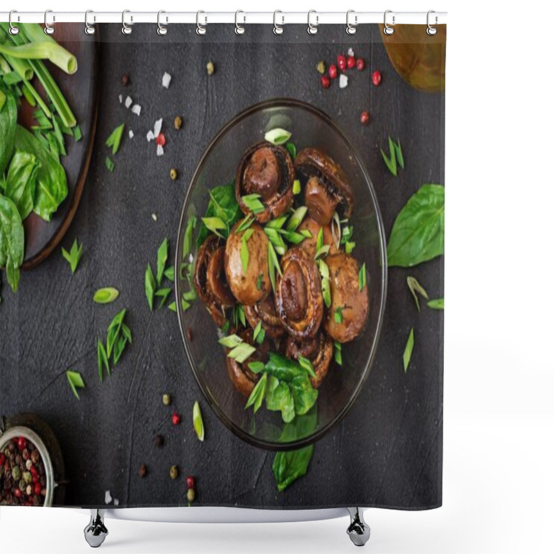 Personality  Baked Mushrooms With Soy Sauce And Herbs In Glass Bowl  Shower Curtains