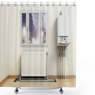 Personality  Combi Boiler On The House Wall, Next To The Heating Radiator. Visible Installation Of Heating Tubes. 3D Illustration. Shower Curtains