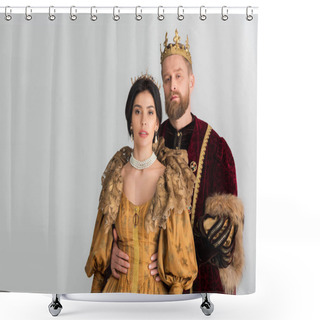 Personality  King With Crown Hugging Attractive Queen Isolated On Grey Shower Curtains