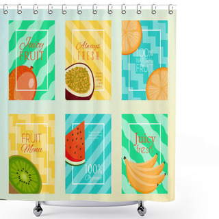 Personality  Fruit Set Of Cards For Fresh Product Or Fruit Farm Market. Organic And Natural Food Vector Illustration. Banana, Watermelon Or Melon, Plum, Orange, Grapes, Kiwi, Mango, Apple. Shower Curtains