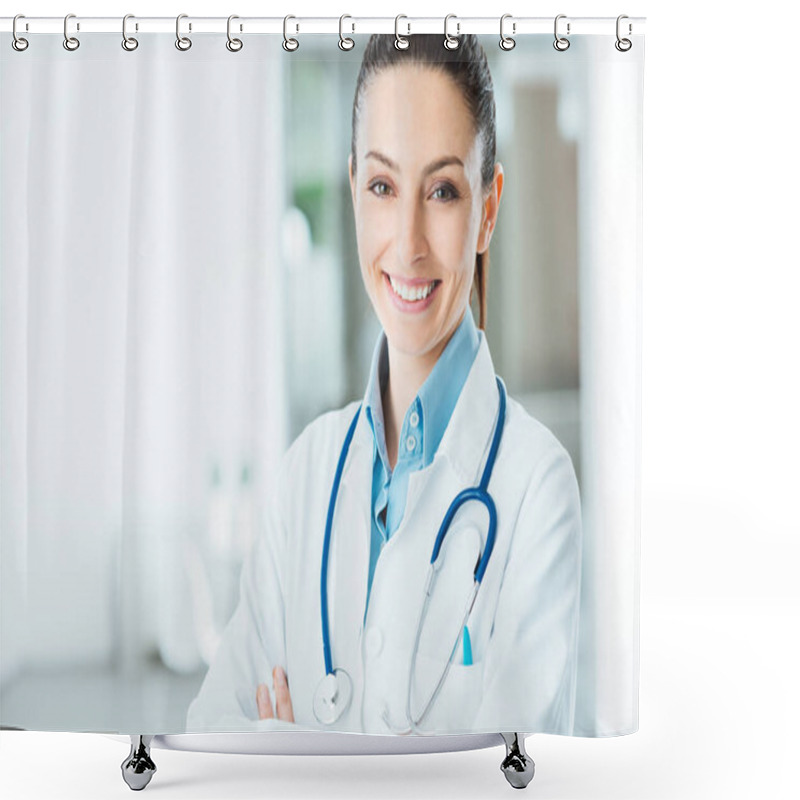 Personality  Confident Female Doctor Posing In Her Office And Smiling At Camera, Health Care And Prevention Concept Shower Curtains
