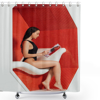 Personality  Side View Of Pretty Woman In Black Swimsuit Reading Magazine In Spa Center Shower Curtains