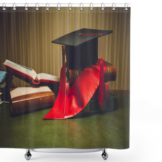 Personality  Toned Photo Of Red Ribbon And Graduation Cap On Classic Table Shower Curtains