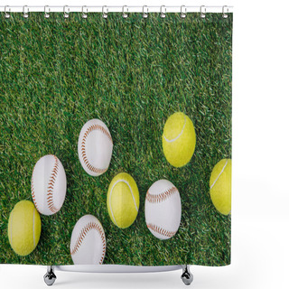 Personality  Flat Lay With Arrangement Of Tennis And Baseball Balls On Green Grass Shower Curtains