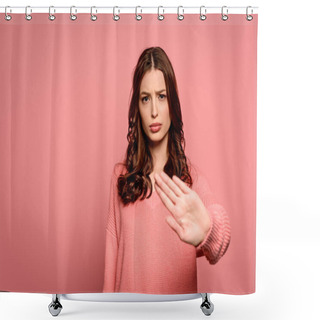 Personality  Displeased Girl Showing Stop Gesture While Looking At Camera Isolated On Pink Shower Curtains