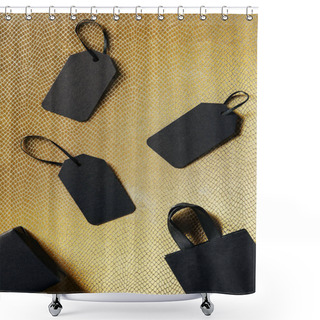 Personality  Top View Of Black Blank Price Tags, Box And Shopping Bag On Golden Backdrop, Black Friday Concept Shower Curtains