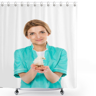 Personality  Portrait Of Smiling Veterinarian With Cute Little Chick In Hands Isolated On White Shower Curtains
