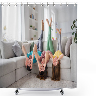 Personality  Full Length Photo Of Crazy Three People Little Kid Mom Dad Sit Upside Down Comfort Couch Make Okay Sign Glasses Look Funny In House Indoors Shower Curtains