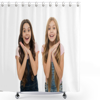 Personality  Such A Surprise. Sincere Excitement. Kids Girls Long Healthy Shiny Hair Wear Casual Clothes. Little Girls Excited Happy Faces. Kids Happy Cute Faces Feel Excited. Exciting Moments. Excitement Emotion Shower Curtains
