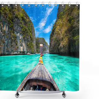 Personality  Wooden Boat On Phi Phi Island, Thailand. Shower Curtains