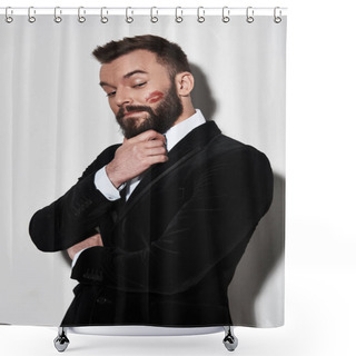 Personality  Handsome Young Man In Full Suit Keeping Hand On Chin With Lipstick Kiss Shower Curtains
