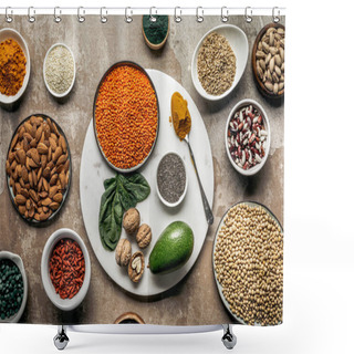 Personality  Flat Lay Of Superfoods, Legumes, Nuts And Avocado On Textured Rustic Background Shower Curtains