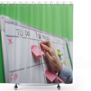 Personality  Cropped View Of Businessman Puting Sticky Note On Task Board Shower Curtains