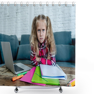 Personality  Beautiful Cute Blonde 9 Years Elementary Student Feeling Sad Bored And A Overwhelmed Trying To Study At Home In Learning Difficulties Exams Homework And School Education Concept. Shower Curtains