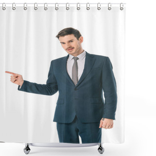 Personality  Successful Businessman Pointing At Something Isolated On White Shower Curtains