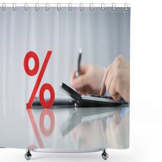 Personality  Close-up Of Red Percentage Symbol In Front Of Businessperson Calculating Invoice Shower Curtains