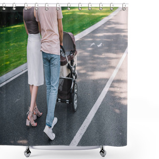 Personality  Cropped Image Of Parents Walking With Baby Carriage On Road In Park Shower Curtains