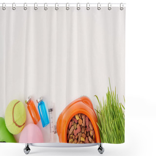 Personality  Top View Of Balls, Grass, Plastic Bowl With Dog Food, Syringe And Colorful Bottles With Medications On White Surface Shower Curtains