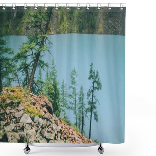 Personality  Fir Trees Growing On Rocks Near Beautiful Calm Mountain Lake In Altai, Russia Shower Curtains