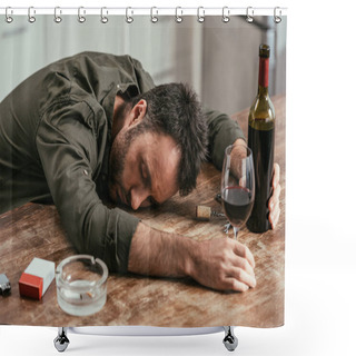 Personality  Drunk Man Sleeping On Table With Wine And Cigarettes Shower Curtains