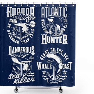 Personality  Nautical T-shirt Prints, Anchor And Marine Sea Waves Vector Emblems. Shark And Killer Whale Ocean Fish Blue Signs With Slogans And Quotes, Atlantic Fishers And Hunters Club Grunge Badges Shower Curtains