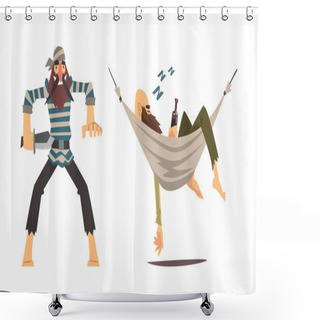 Personality  Bearded Brutal Man Pirate Or Buccaneer Character Attacking With Knife And Sleeping In Hammock With Alcohol Bottle Vector Set Shower Curtains