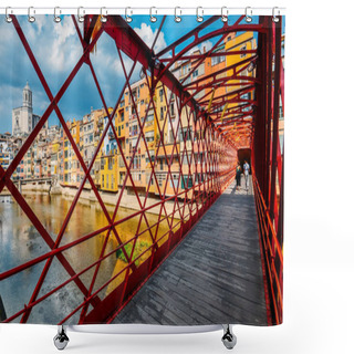 Personality  Colorful Houses Seen Through The Red Iron Bridge In Girona, Catalonia, Spain Shower Curtains