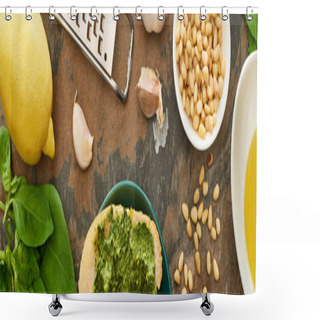 Personality  Top View Of Baguette Slice With Pesto Sauce On Plate Near Fresh Ingredients And Cooking Utensils On Stone Surface, Panoramic Shot Shower Curtains