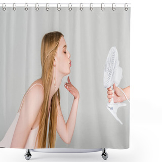 Personality  Beautiful Young Woman Suffering From Heat Near Blowing Electric Fan On Grey Shower Curtains