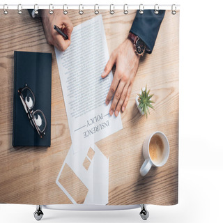 Personality  Top View Of Lawyer Signing Insurance Policy Agreement Near Plant, Glasses, Notebook And Paper Cup House Model  Shower Curtains