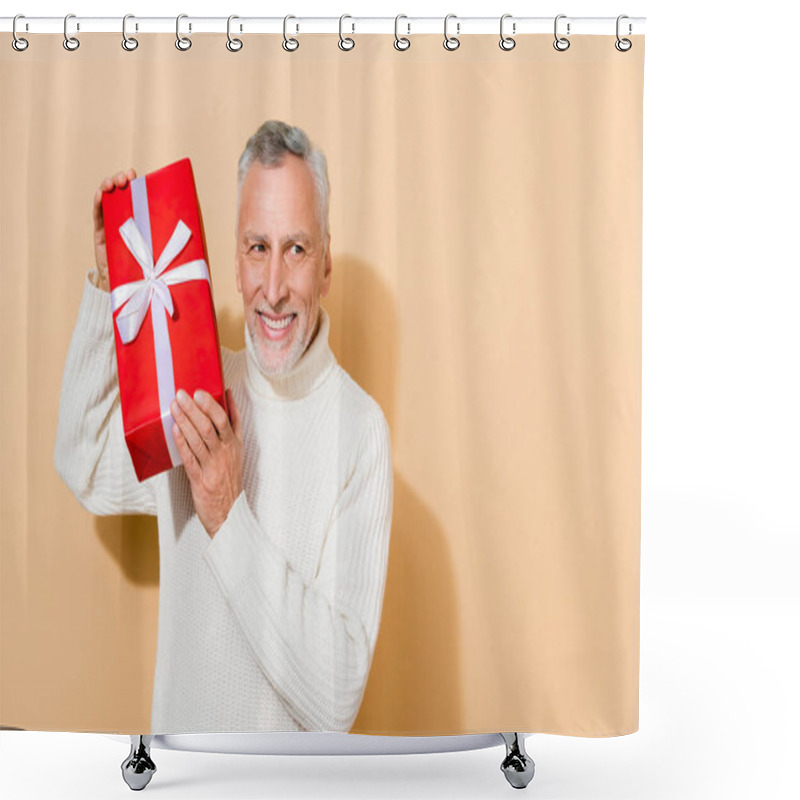 Personality  Portrait Of Attractive Cheerful Grey-haired Man Holding Gift New Year December Copy Space Isolated Over Beige Pastel Color Background Shower Curtains