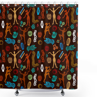 Personality  Shamanic Dance. Aboriginals Art Motifs. Seamless Vector Pattern With Doodle Musicians. Stylized Cave Art Drawing. Shower Curtains