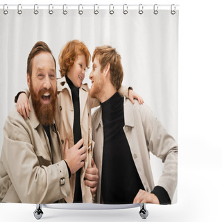 Personality  Joyful Bearded Man Laughing At Camera Near Redhead Son And Grandson In Trench Coats Isolated On Grey Shower Curtains