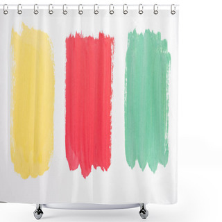 Personality  Top View Of Abstract Colorful Green, Yellow And Red Paint Brushstrokes On White Background Shower Curtains