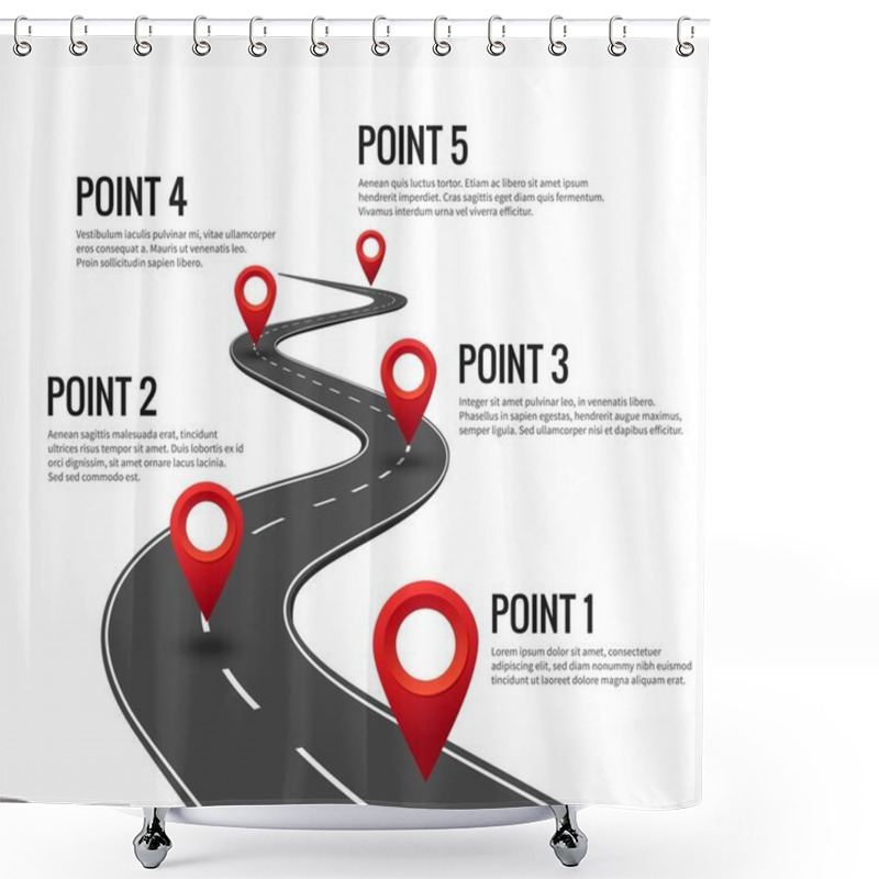 Personality  Road Infographic. Curved Road Timeline With Red Pins Checkpoint. Strategy Journey Highway With Milestones Concept Shower Curtains